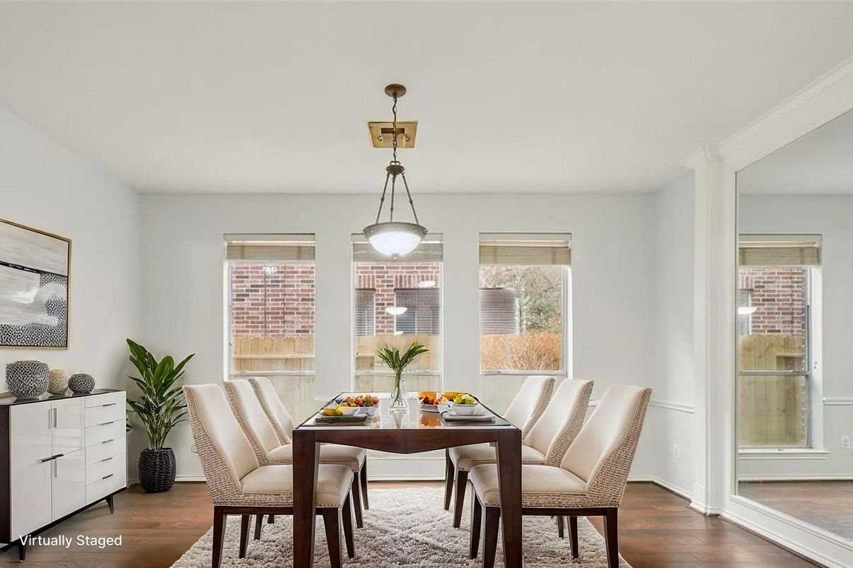 Dining room, Interior, Pendant Lights, Wood Texture Flooring
