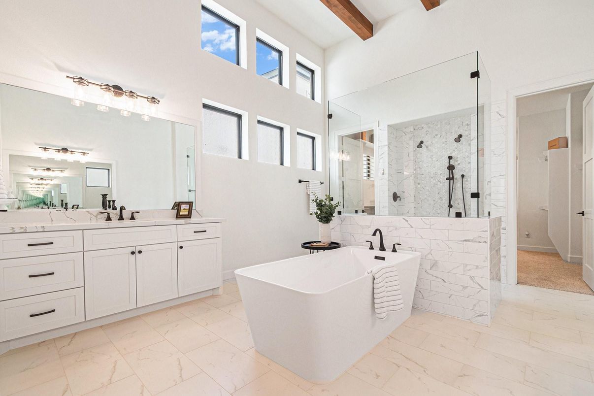 Bathroom, Dual Sink Vanities, Free Standing Baths, Glass Shower, Interior, Marble, Wooden Beams