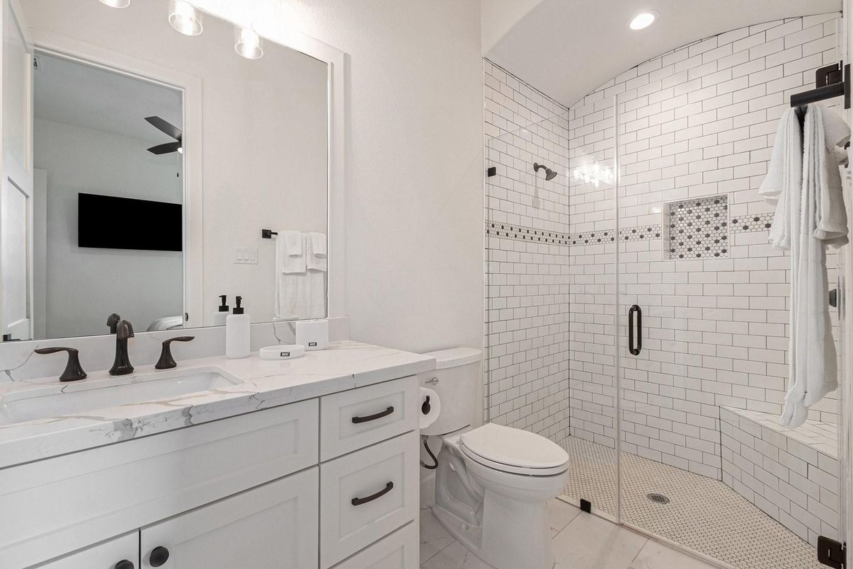 Bathroom, Dual Sink Vanities, Glass Shower, Interior, Recessed Lighting