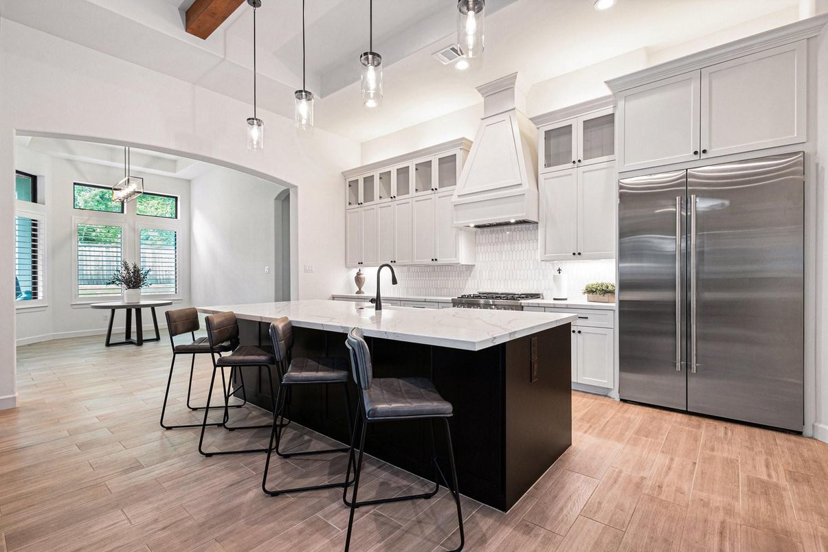Interior, Kitchen, Pendant Lights, Recessed Lighting, Stainless Steel Appliances, Wooden Beams, Wood Texture Flooring