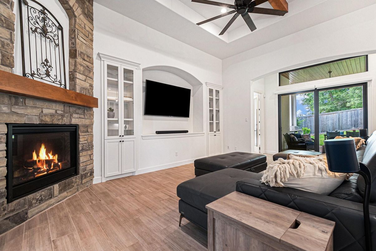 Fireplace, Interior, Living room, Stone Walls, Wood Texture Flooring