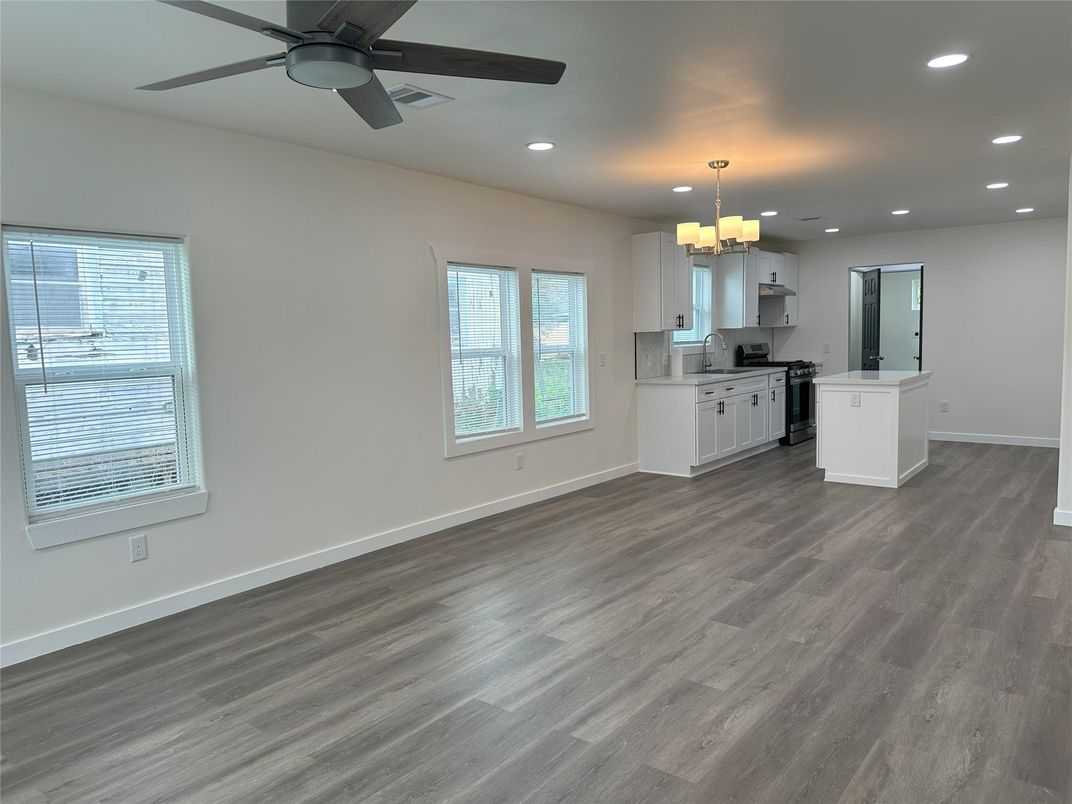 Chandelier, Empty room, Interior, Kitchen, Recessed Lighting, Wood Texture Flooring