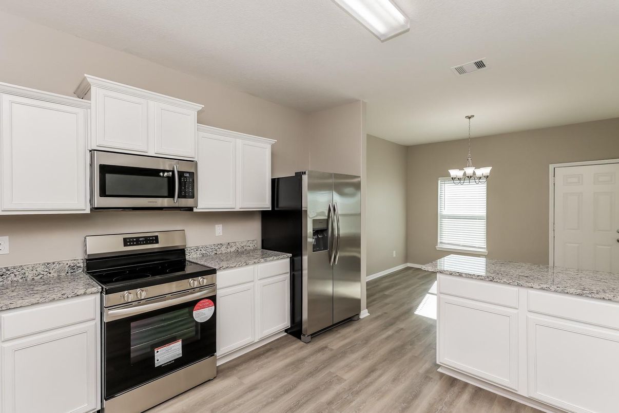 Chandelier, Interior, Kitchen, Stainless Steel Appliances, Wood Texture Flooring