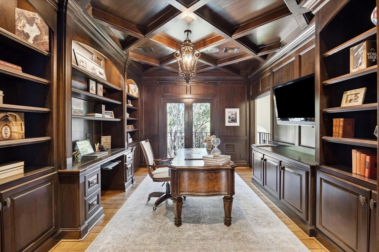 Chandelier, Home Office, Interior, Wooden Beams, Wooden Ceilings, Wood Texture Flooring, Wooden Walls
