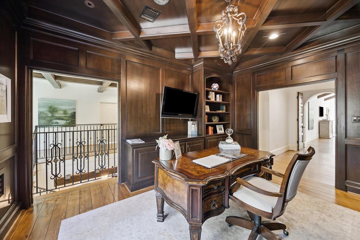 Chandelier, Fireplace, Home Office, Interior, Recessed Lighting, Wooden Beams, Wooden Ceilings, Wood Texture Flooring, Wooden Walls