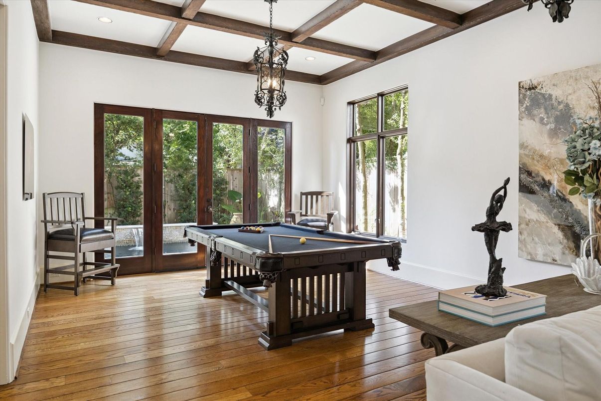 Billiard Table, Chandelier, Game Room, Interior, Recessed Lighting, Wooden Beams, Wood Texture Flooring