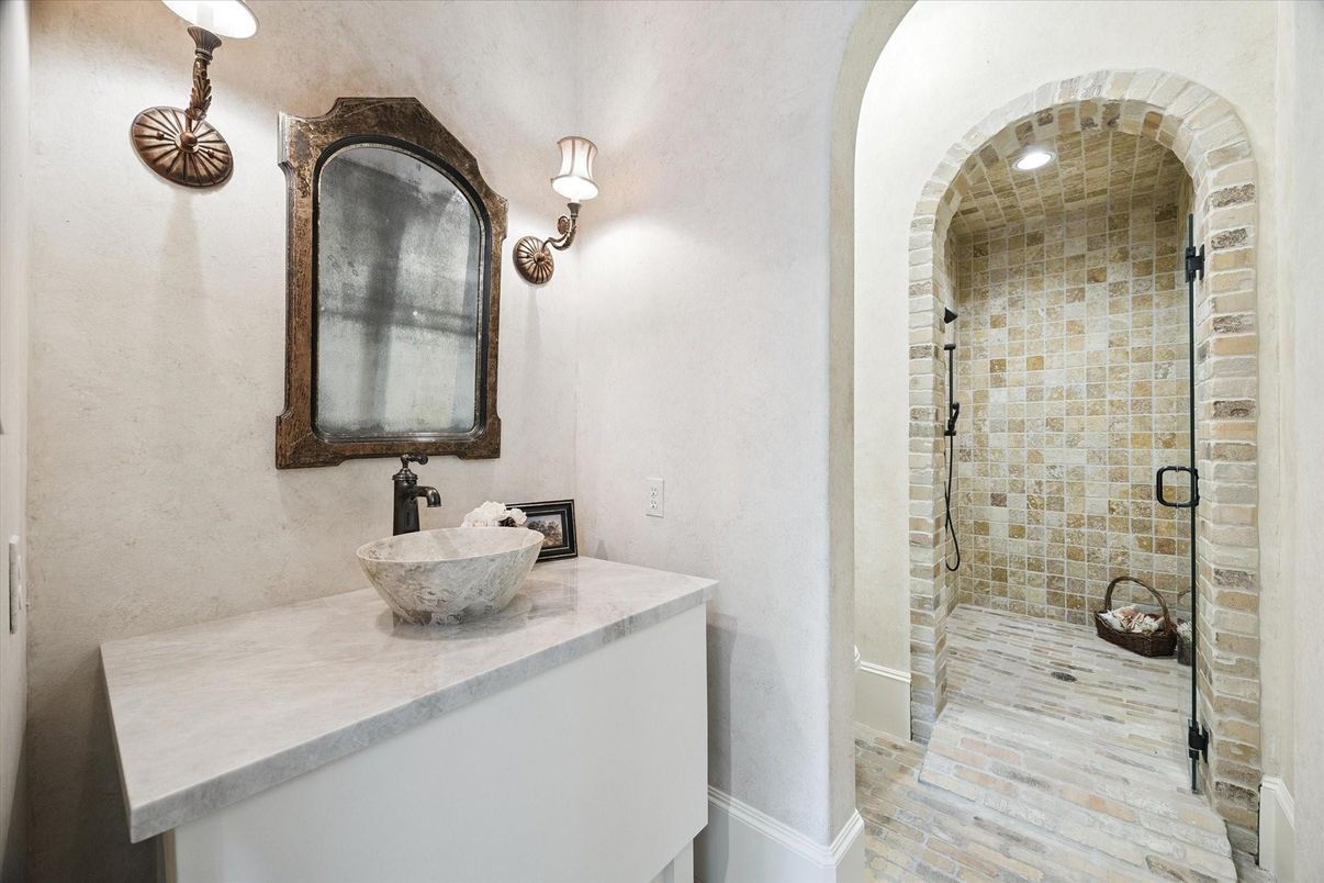 Bathroom, Interior, Stone Walls, Wood Texture Flooring