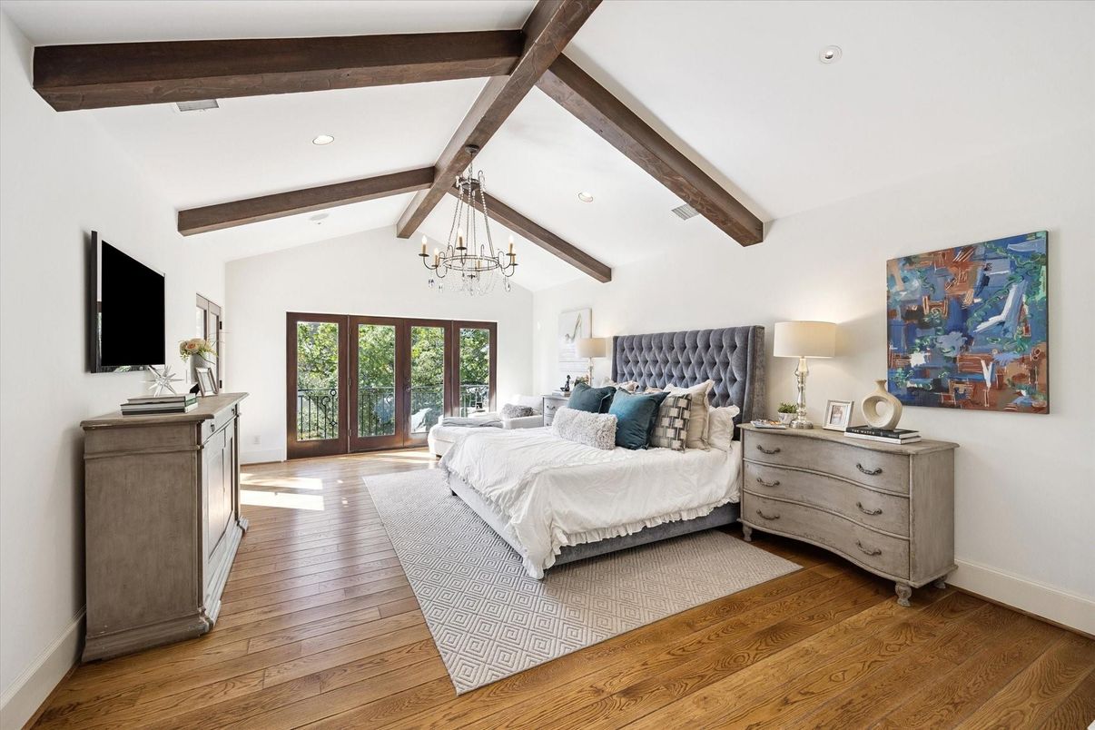 Bedroom, Chandelier, Interior, Recessed Lighting, Wooden Beams, Wood Texture Flooring