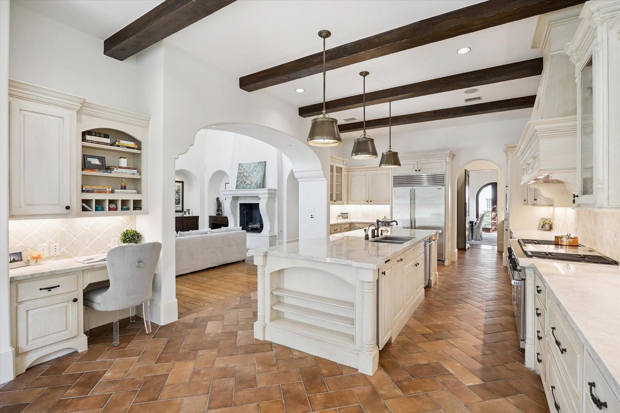 Fireplace, Interior, Kitchen, Living room, Pendant Lights, Recessed Lighting, Stainless Steel Appliances, Wooden Beams