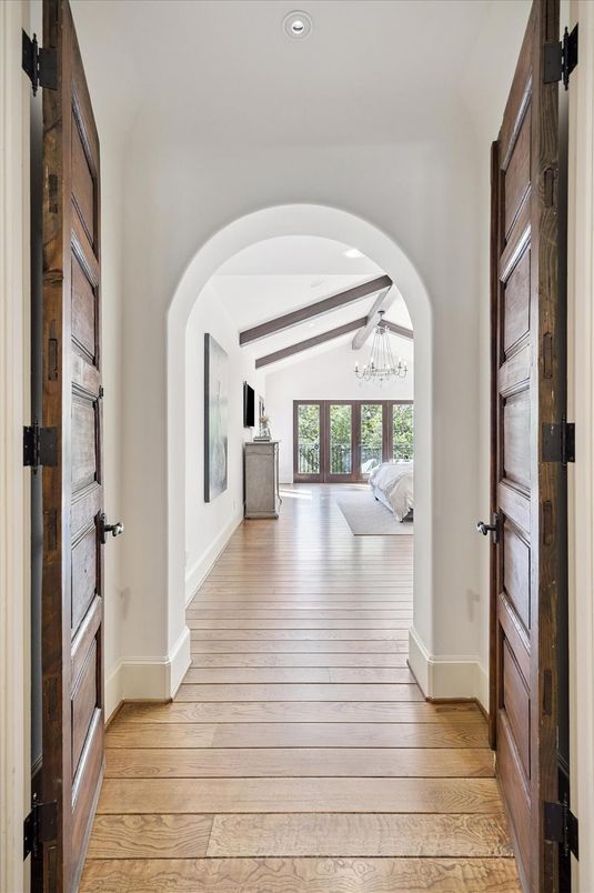 Chandelier, Interior, Recessed Lighting, Wooden Beams, Wood Texture Flooring