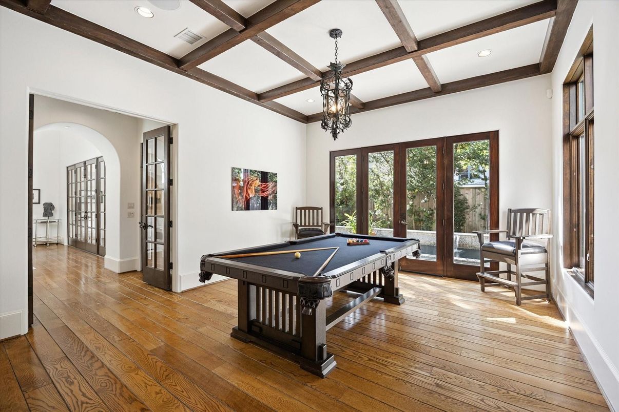 Billiard Table, Game Room, Interior, Pendant Lights, Recessed Lighting, Wooden Beams, Wood Texture Flooring