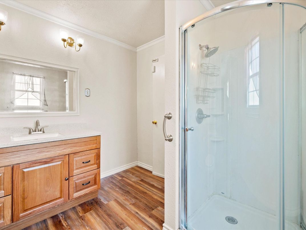 Bathroom, Glass Shower, Interior, Wood Texture Flooring