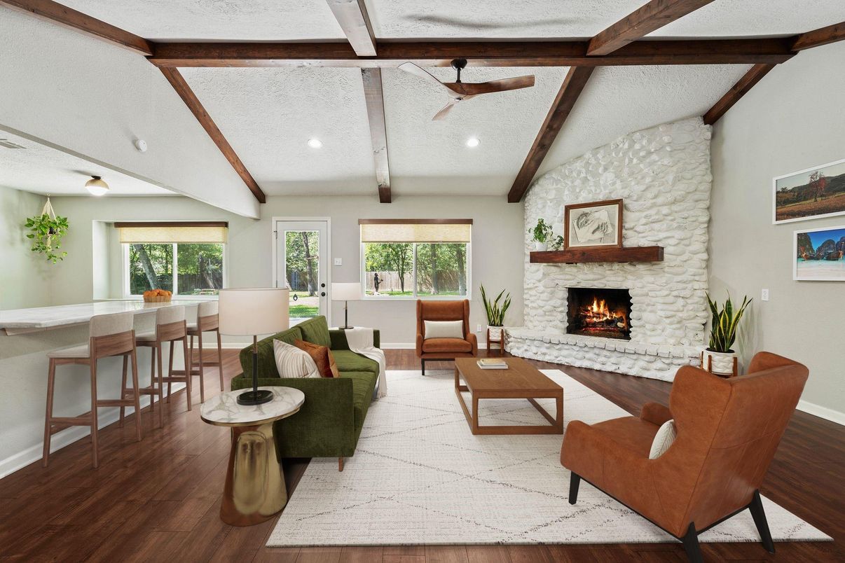 Fireplace, Interior, Living room, Recessed Lighting, Stone Walls, Wooden Beams, Wood Texture Flooring