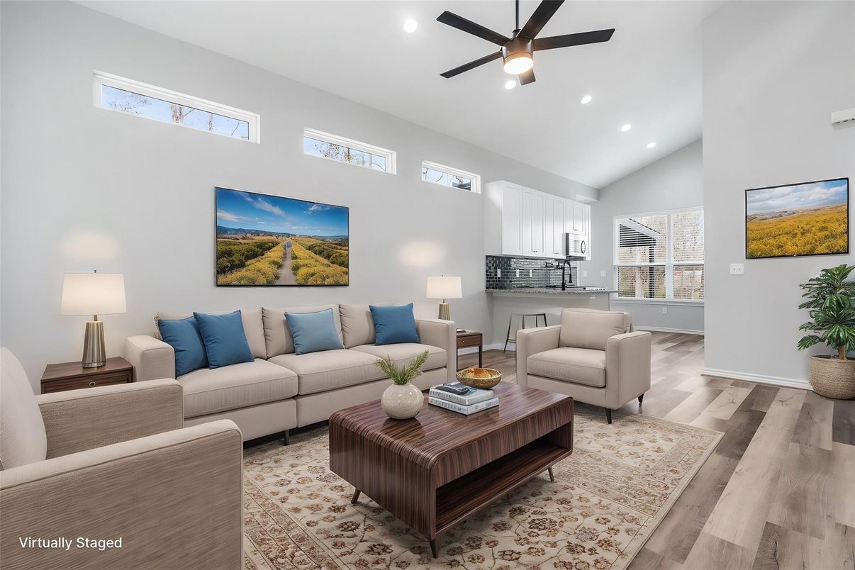 Interior, Living room, Recessed Lighting, Wood Texture Flooring
