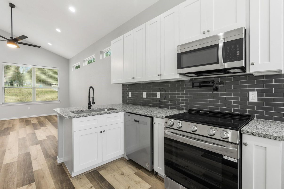 Interior, Kitchen, Recessed Lighting, Stainless Steel Appliances, Wood Texture Flooring