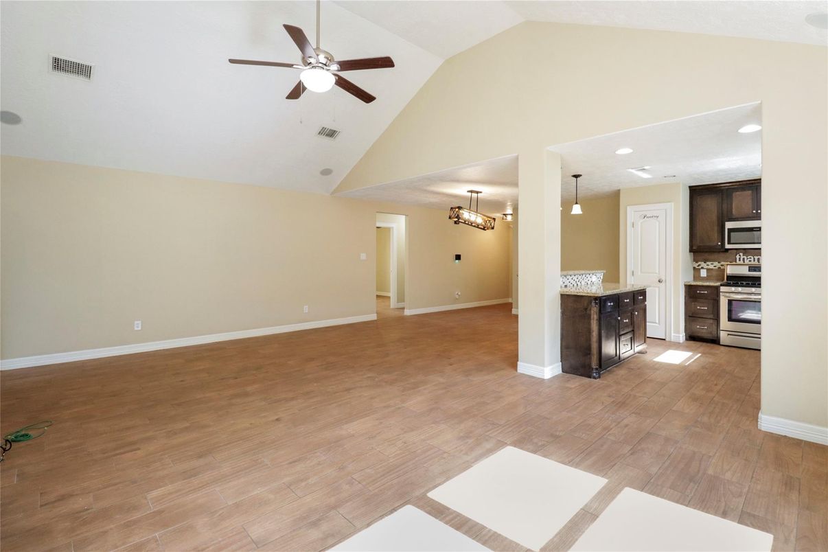 Chandelier, Empty room, Interior, Kitchen, Pendant Lights, Recessed Lighting, Wood Texture Flooring