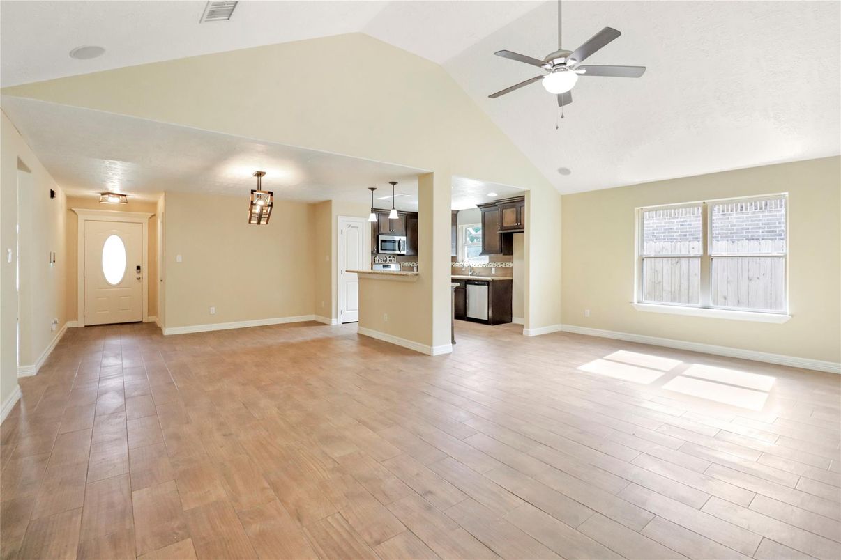 Empty room, Interior, Kitchen, Pendant Lights, Wood Texture Flooring