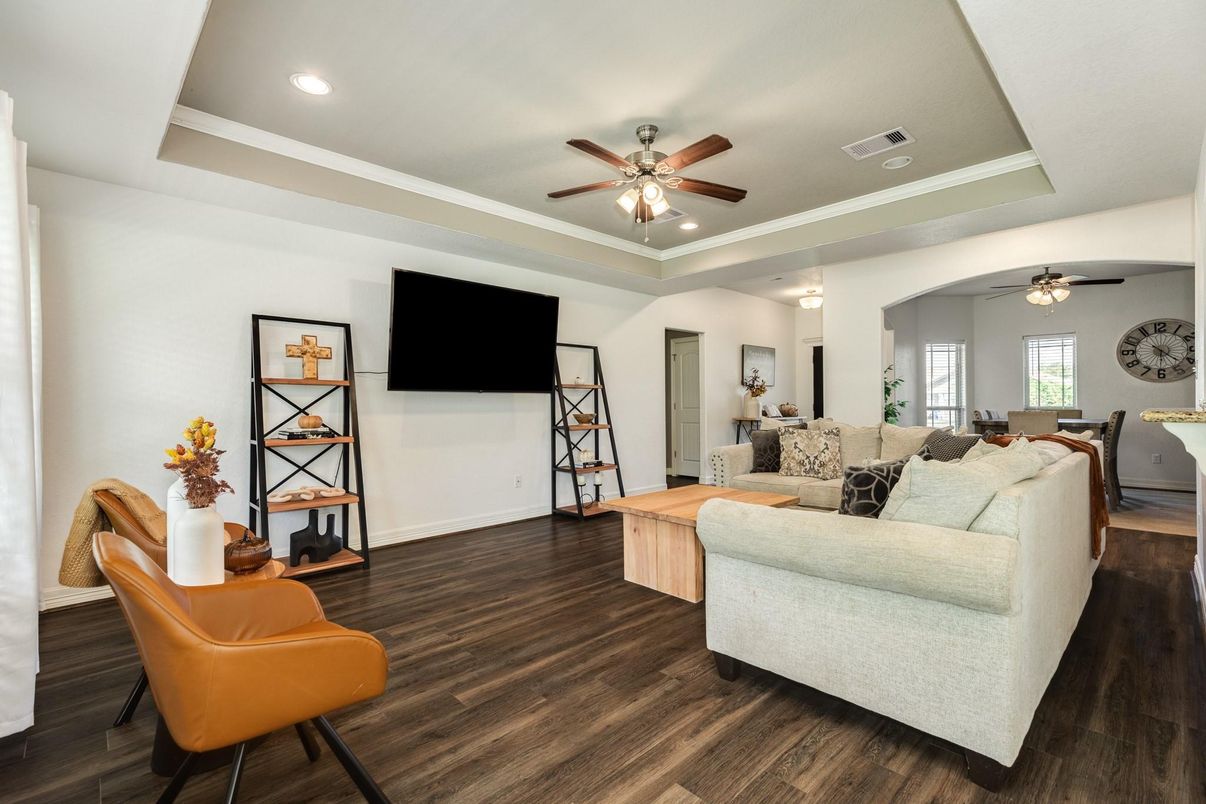 Dining room, Interior, Living room, Recessed Lighting, Wood Texture Flooring