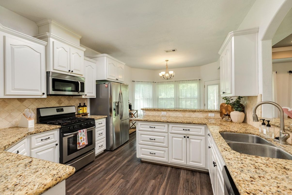 Chandelier, Interior, Kitchen, Stainless Steel Appliances, Wood Texture Flooring