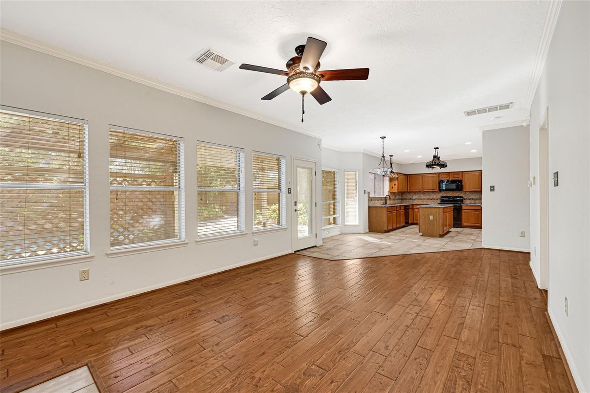 Empty room, Interior, Kitchen, Pendant Lights, Recessed Lighting, Wood Texture Flooring