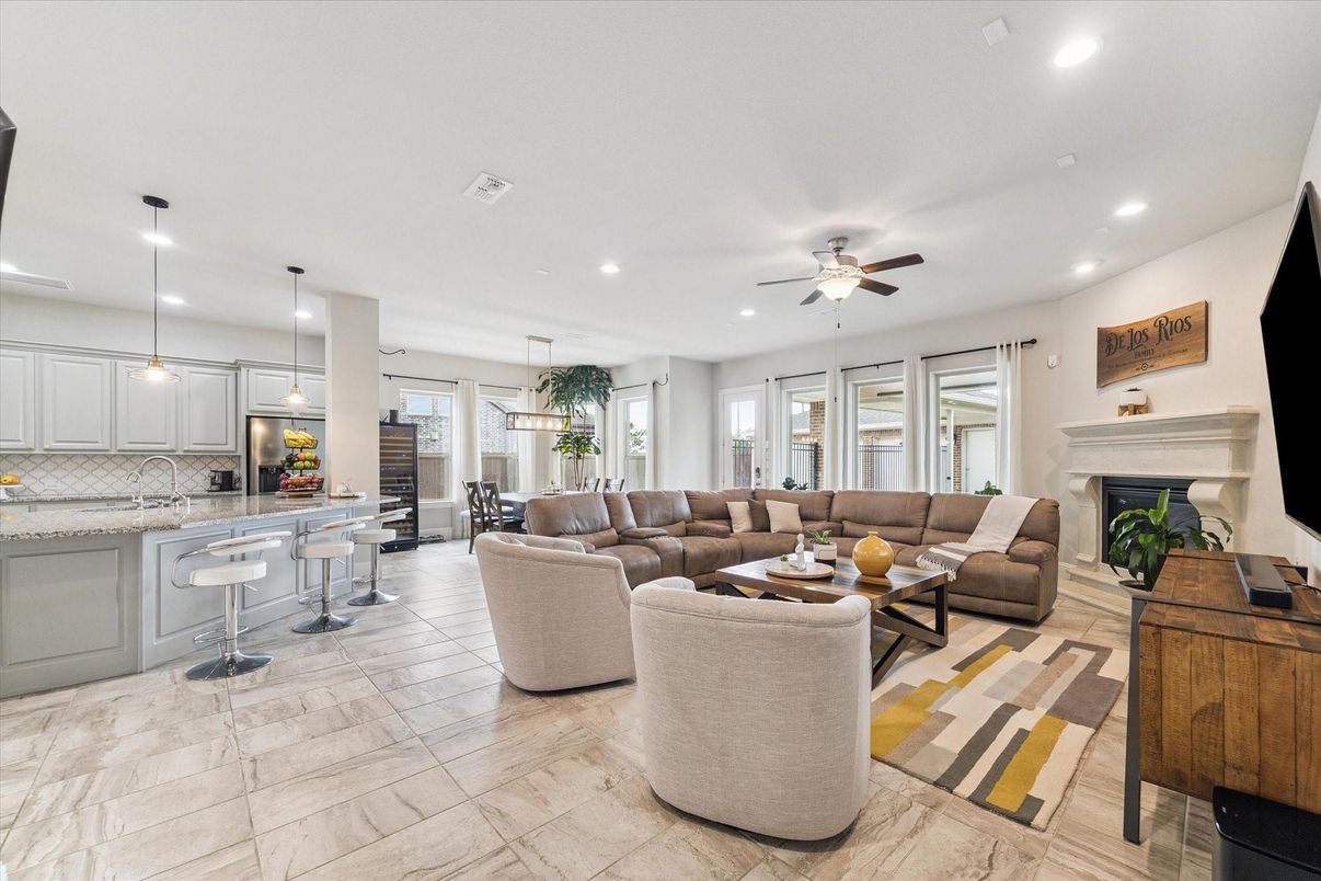 Dining room, Fireplace, Interior, Kitchen, Living room, Marble, Pendant Lights, Recessed Lighting