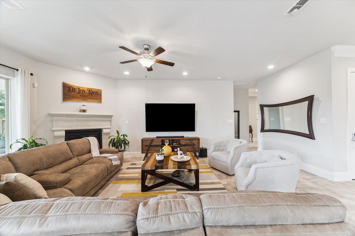 Fireplace, Interior, Living room, Recessed Lighting, Wood Texture Flooring