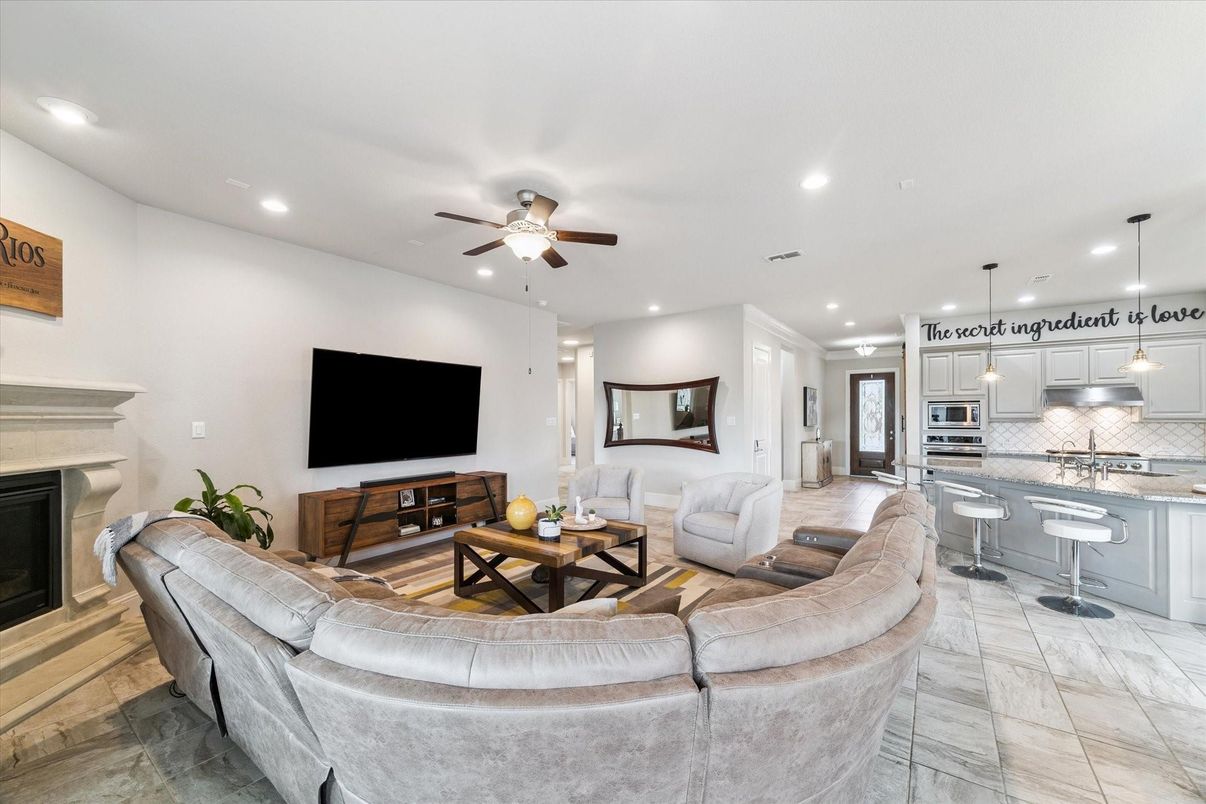 Fireplace, Interior, Kitchen, Living room, Marble, Pendant Lights, Recessed Lighting, Stainless Steel Appliances