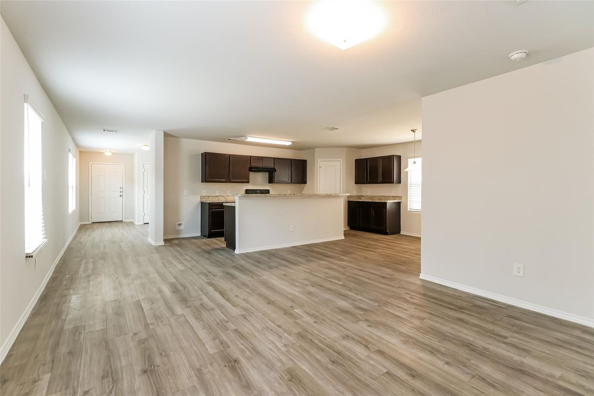 Empty room, Interior, Kitchen, Pendant Lights, Wood Texture Flooring