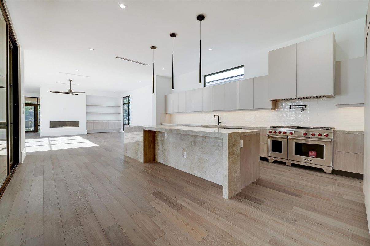 Interior, Kitchen, Pendant Lights, Recessed Lighting, Stainless Steel Appliances, Wood Texture Flooring