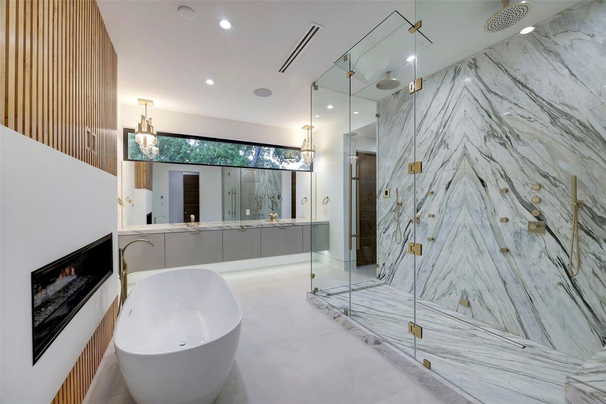 Bathroom, Free Standing Baths, Glass Shower, Interior, Marble Walls, Pendant Lights, Recessed Lighting