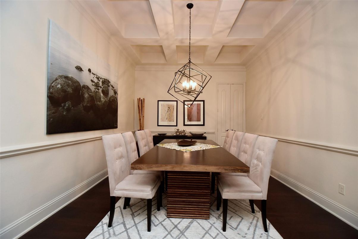 Dining room, Interior, Pendant Lights, Wood Texture Flooring