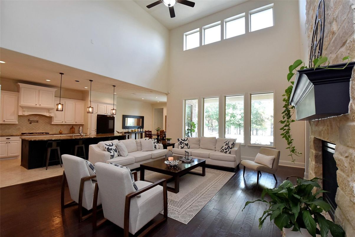 Fireplace, Interior, Kitchen, Living room, Pendant Lights, Recessed Lighting, Wood Texture Flooring