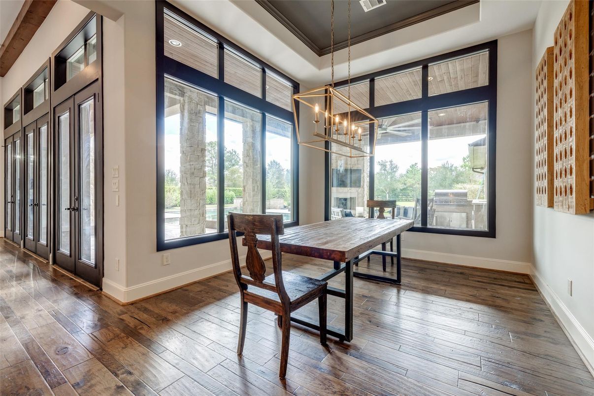 Dining room, Interior, Pendant Lights, Wood Texture Flooring