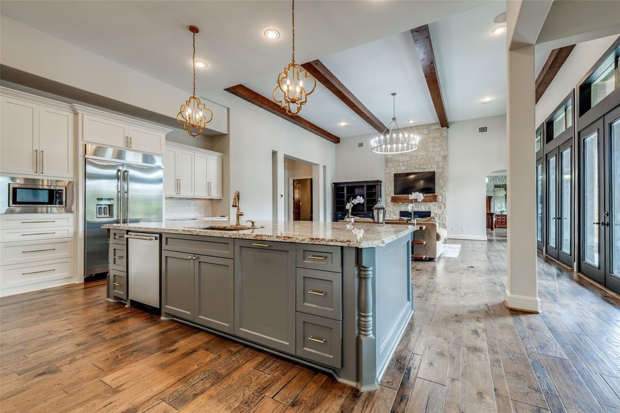 Chandelier, Interior, Kitchen, Pendant Lights, Recessed Lighting, Stainless Steel Appliances, Wooden Beams, Wood Texture Flooring