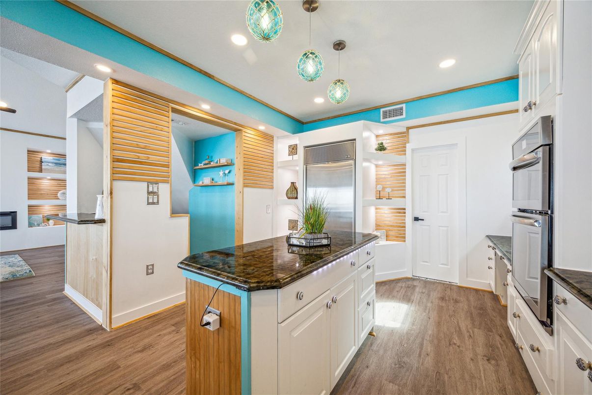 Interior, Kitchen, Pendant Lights, Recessed Lighting, Stainless Steel Appliances, Wood Texture Flooring