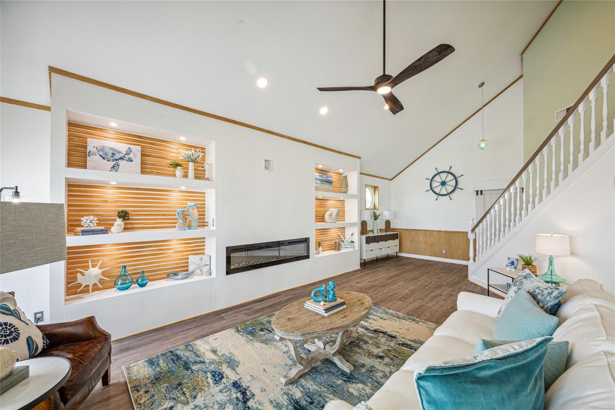Fireplace, Interior, Living room, Recessed Lighting, Wood Texture Flooring