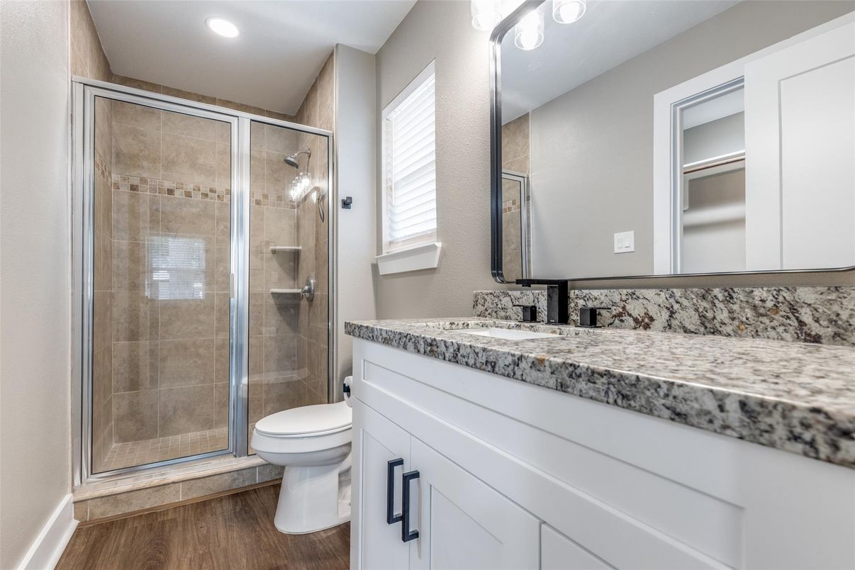 Bathroom, Glass Shower, Interior, Recessed Lighting, Wood Texture Flooring
