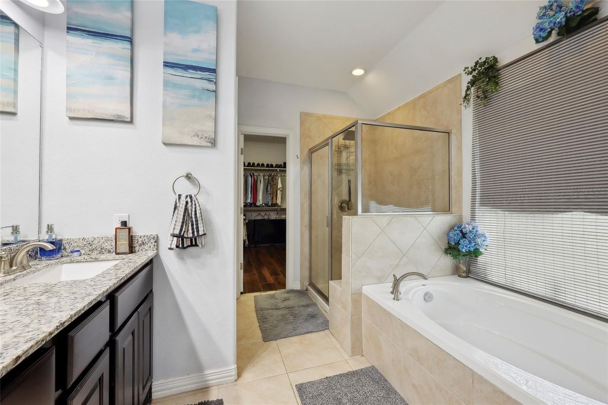 Bathroom, Dual Sink Vanities, Glass Shower, Interior, Recessed Lighting, Wood Texture Flooring
