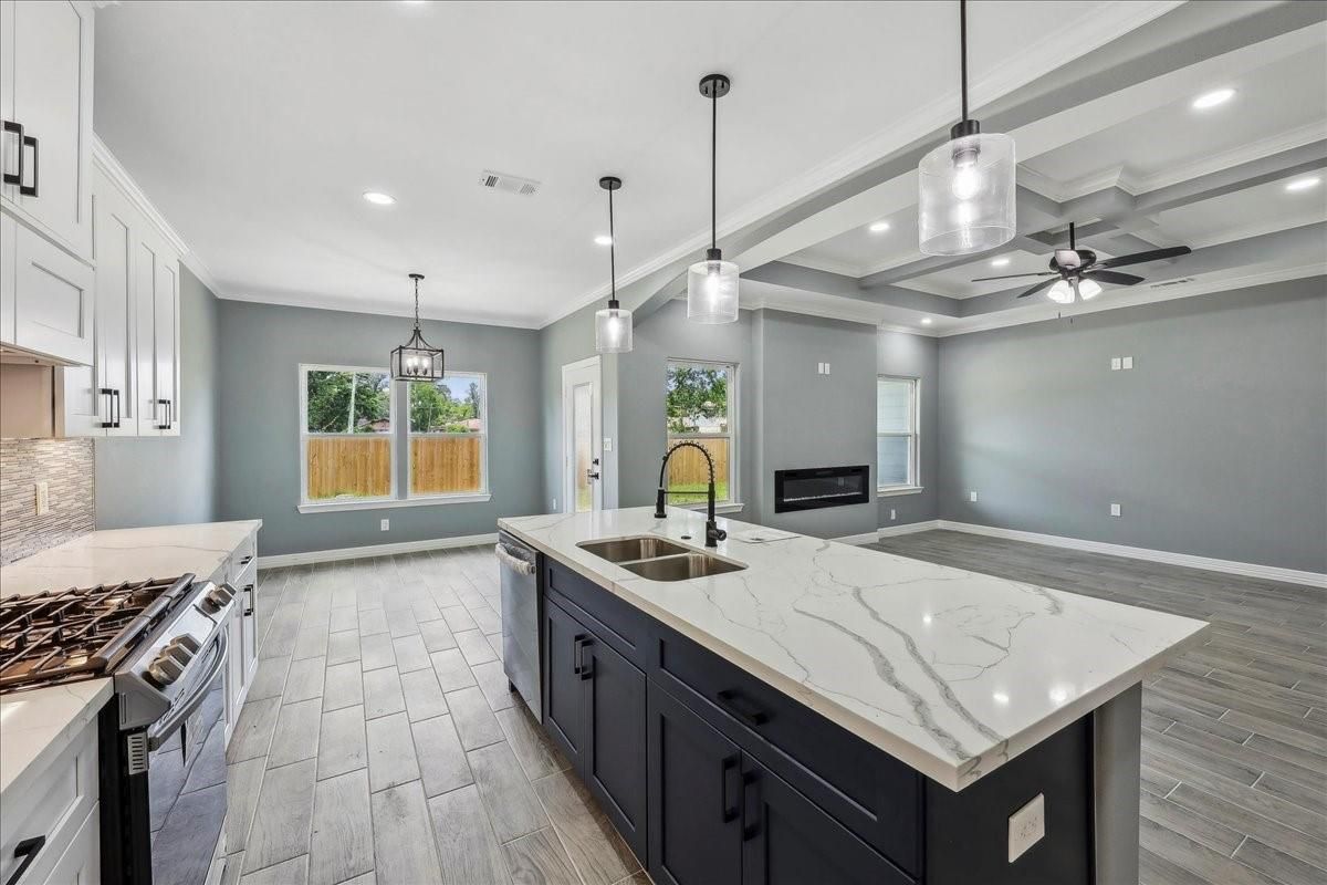 Interior, Kitchen, Pendant Lights, Recessed Lighting, Stainless Steel Appliances, Wood Texture Flooring