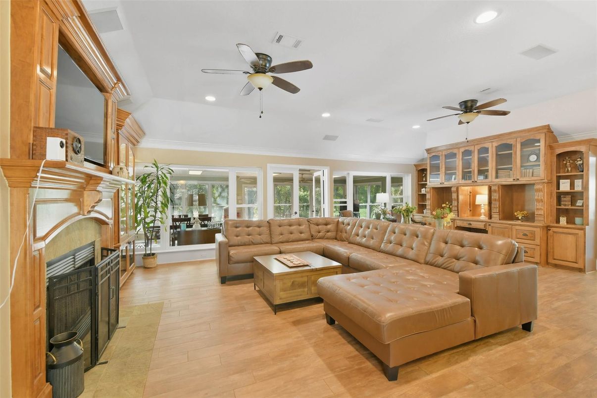 Fireplace, Interior, Living room, Recessed Lighting, Wood Texture Flooring