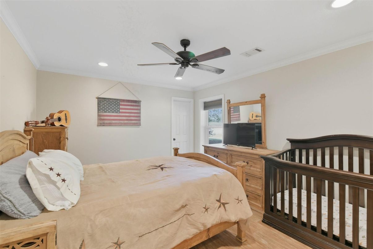 Bedroom, Interior, Recessed Lighting, Wood Texture Flooring