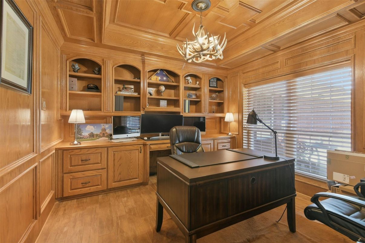 Chandelier, Home Office, Interior, Wooden Ceilings, Wood Texture Flooring, Wooden Walls