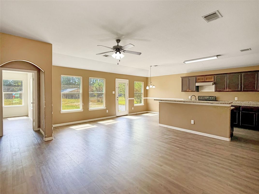 Empty room, Interior, Kitchen, Pendant Lights, Wood Texture Flooring
