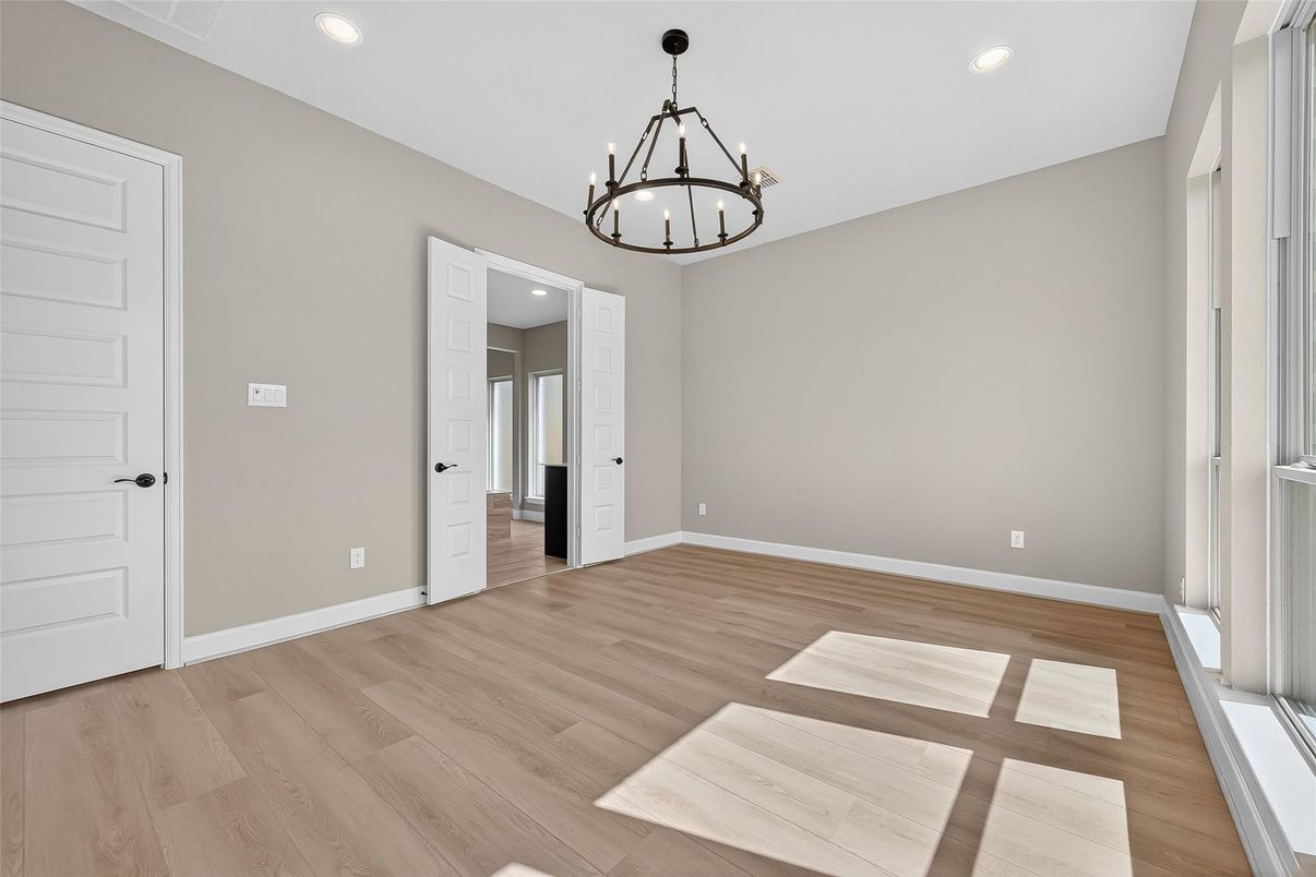 Chandelier, Empty room, Interior, Pendant Lights, Recessed Lighting, Wood Texture Flooring