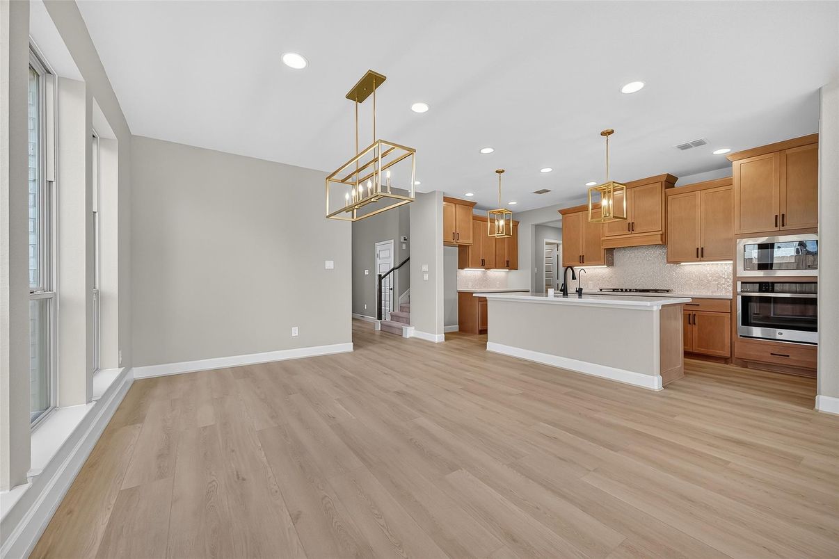 Interior, Kitchen, Pendant Lights, Recessed Lighting, Wood Texture Flooring