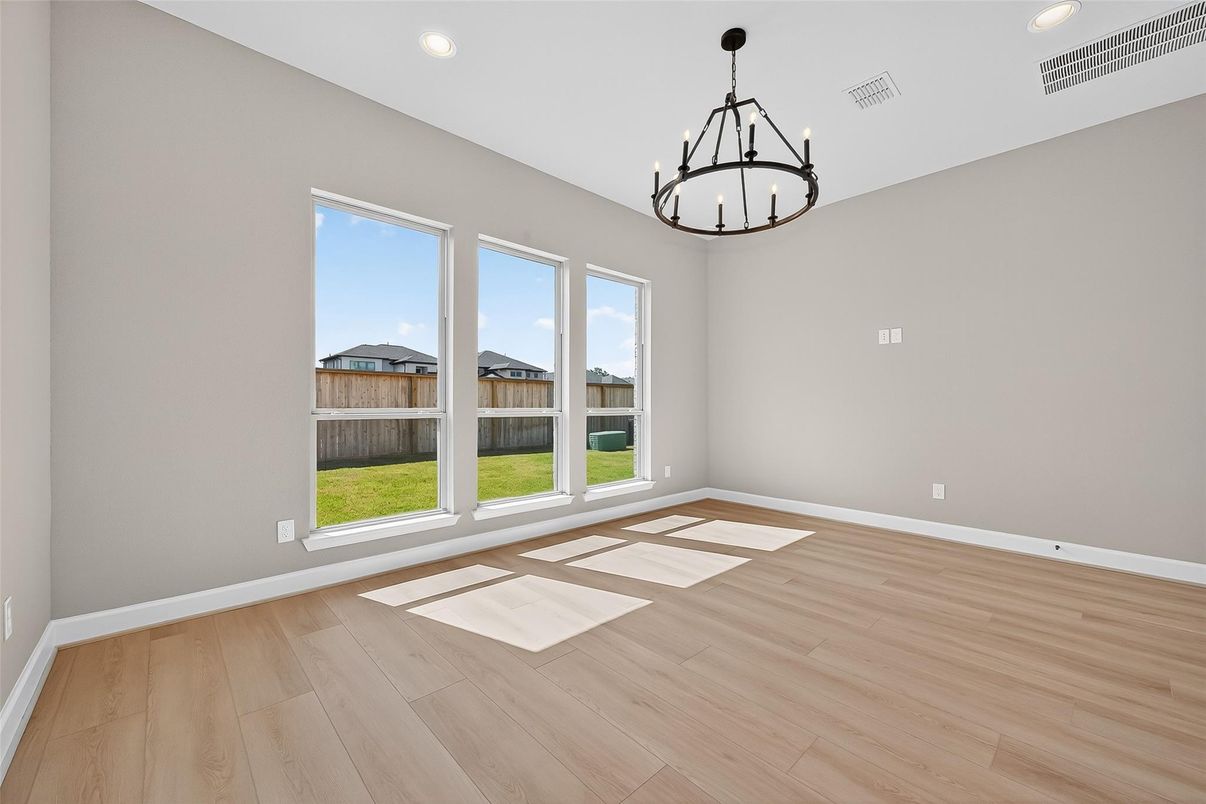 Chandelier, Empty room, Interior, Pendant Lights, Recessed Lighting, Wood Texture Flooring