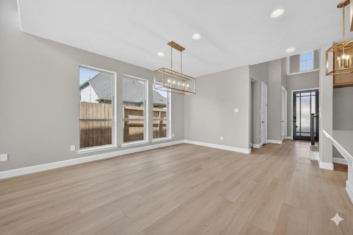 Empty room, Interior, Pendant Lights, Recessed Lighting, Wood Texture Flooring