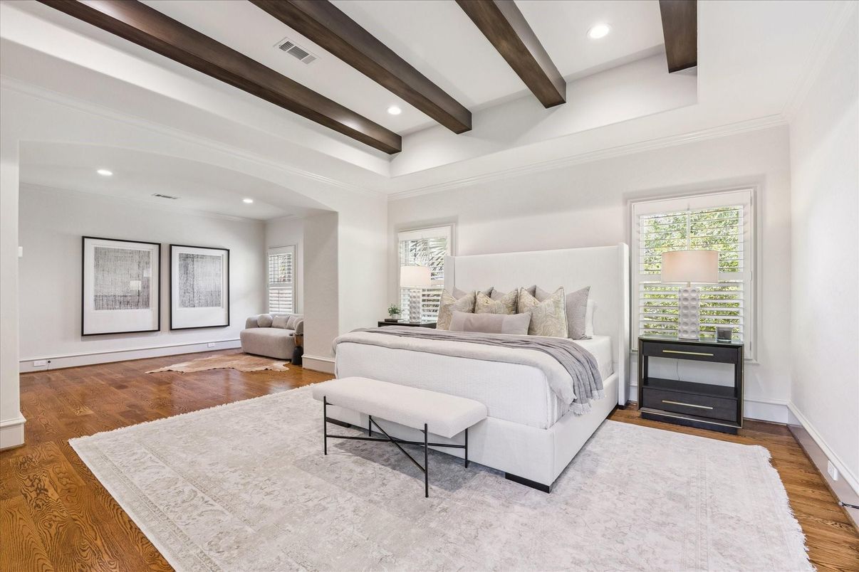 Bedroom, Interior, Recessed Lighting, Wooden Beams, Wood Texture Flooring