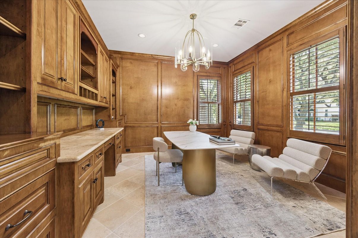 Chandelier, Home Office, Interior, Pendant Lights, Recessed Lighting, Wooden Walls