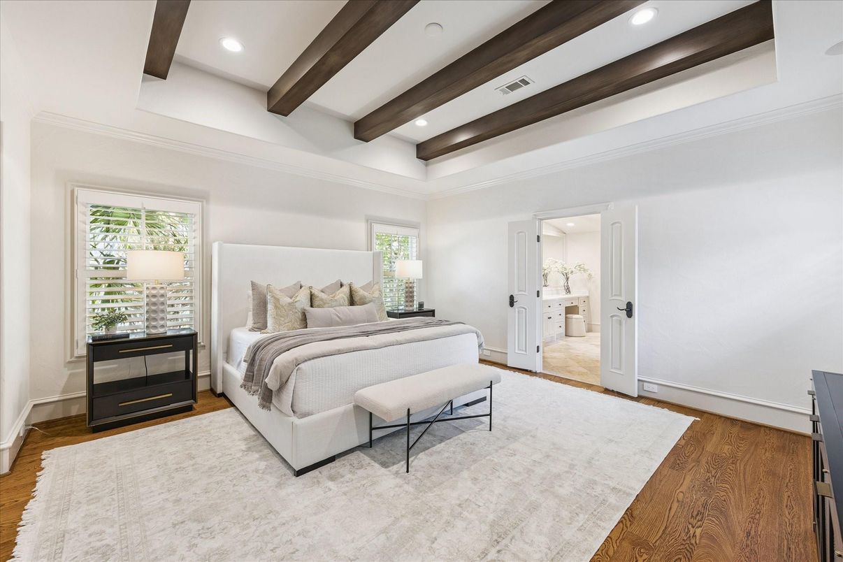 Bedroom, Interior, Recessed Lighting, Wooden Beams, Wood Texture Flooring